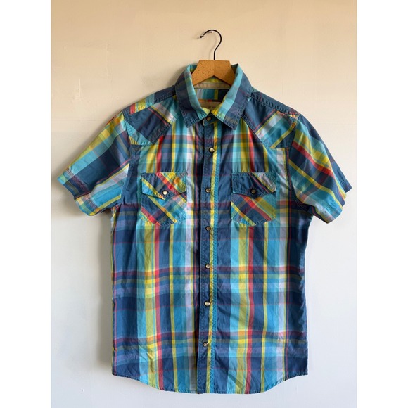Ditch Plains Other - Ditch Plains Mens Blue Plaid Short Sleeve colorblock Western Pearl Snap Shirt S